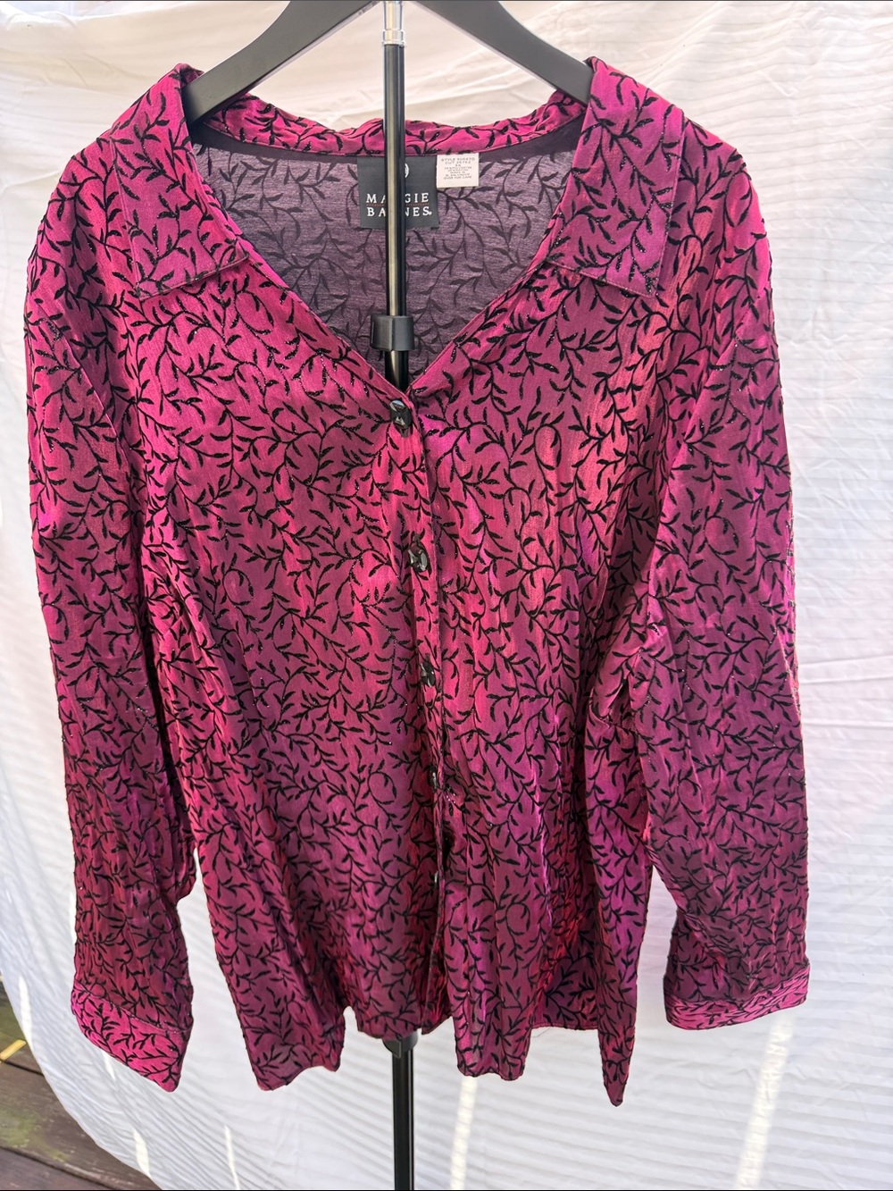 Maggie Barnes Magenta Button-Down Shirt with Black Leaf Print